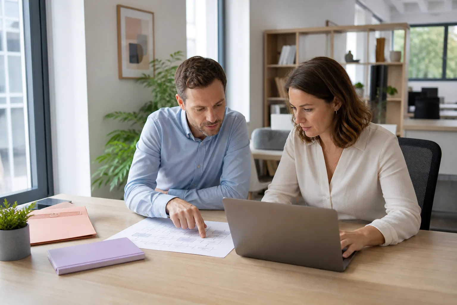 Deux collaborateurs comparant un processus papier et un écran