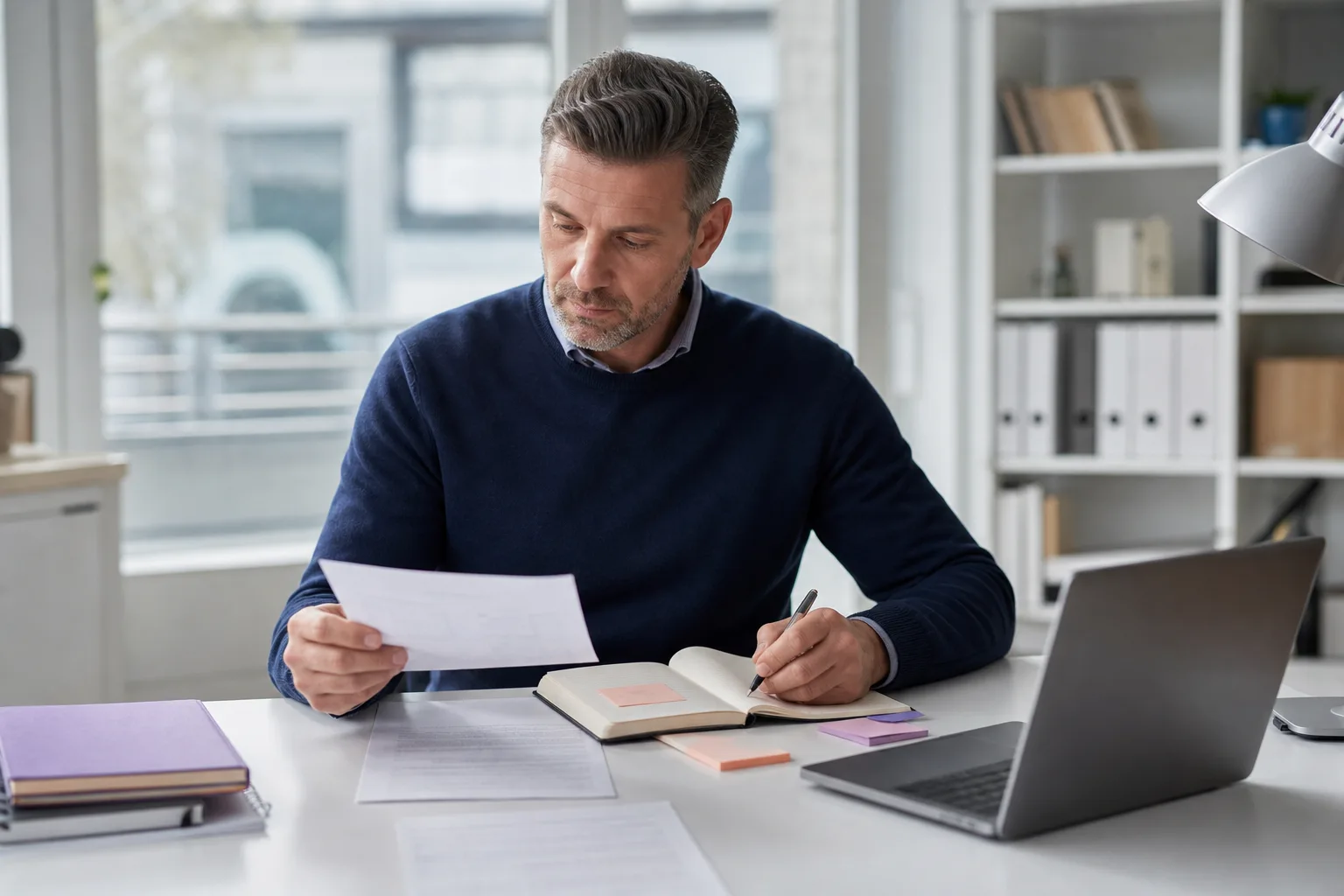 Responsable priorisant des tâches administratives sur son bureau