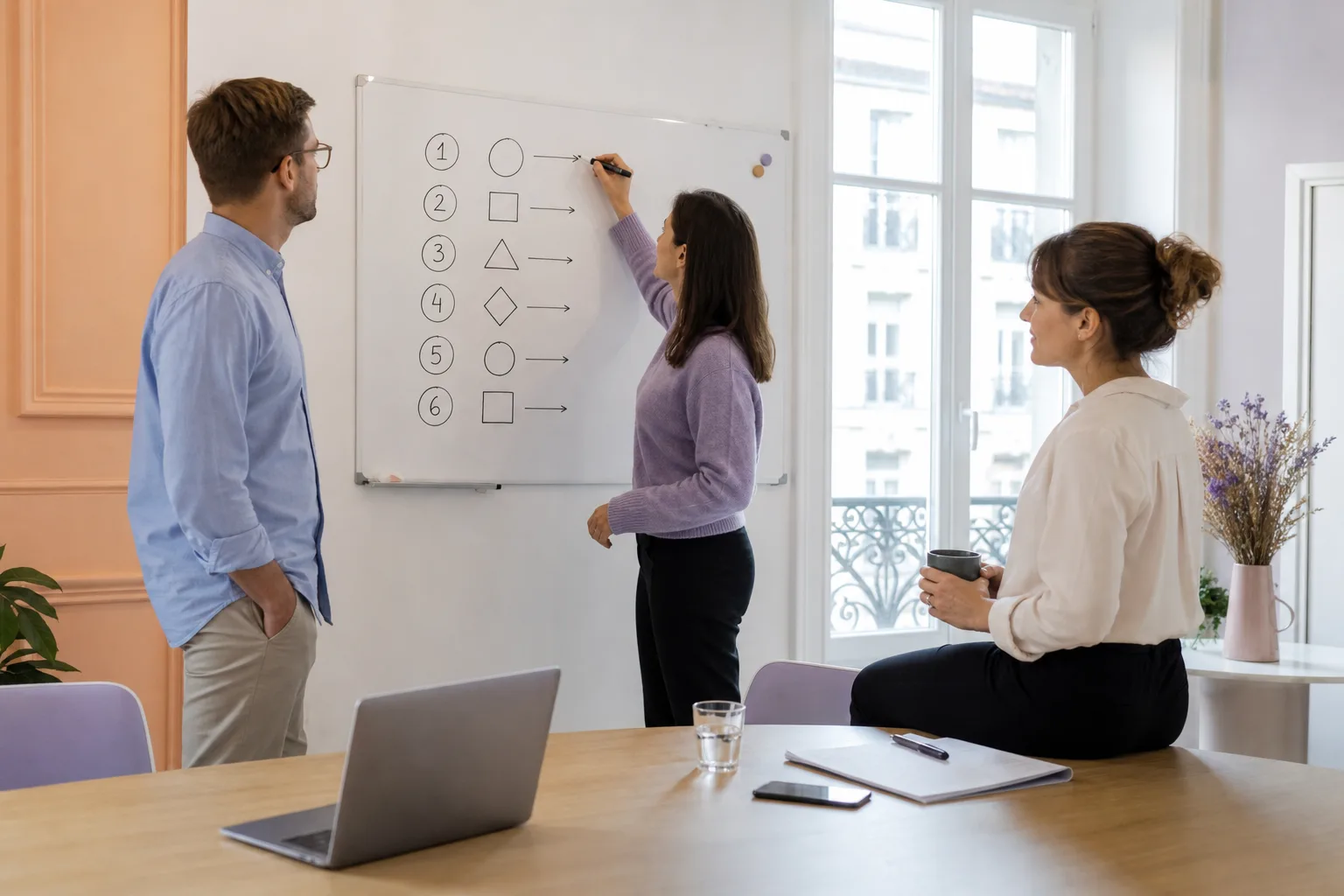 Équipe construisant un plan d’étapes autour d’un tableau blanc