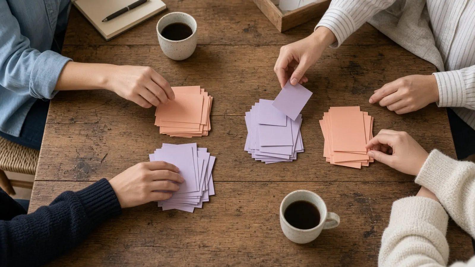 Équipe triant des cartes pour décider ce qui reste en interne