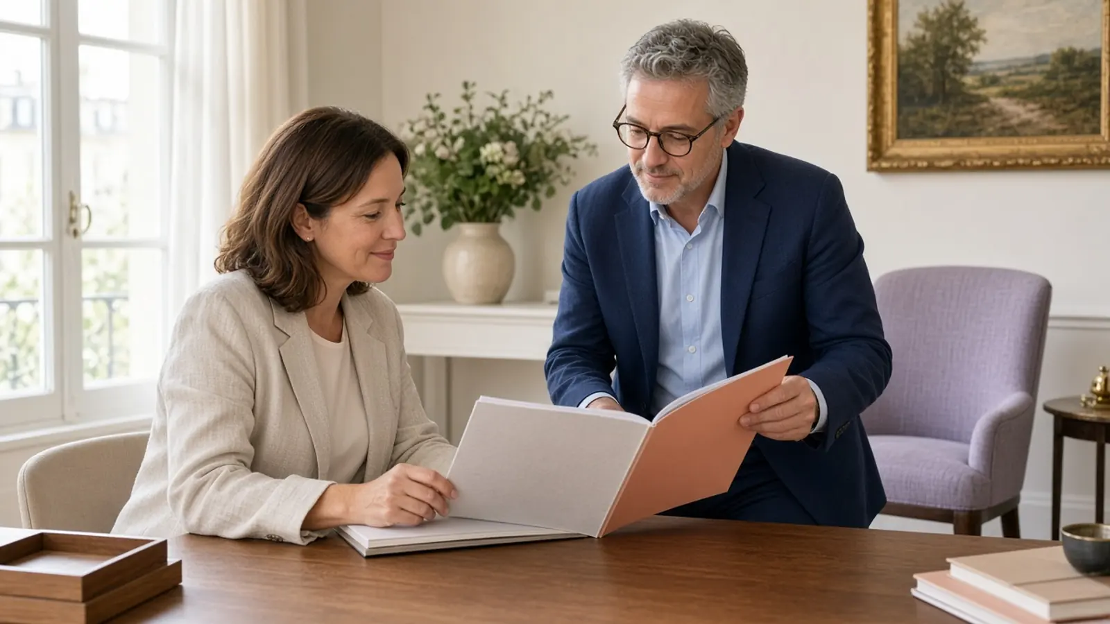 Consultante et dirigeant validant ensemble un support imprimé