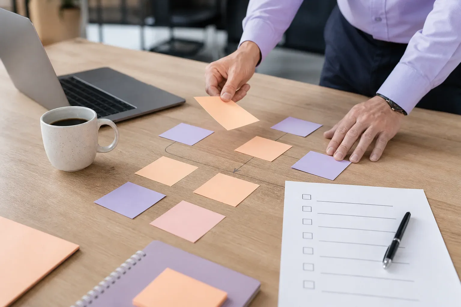 Mains organisant un plan d’action et une checklist sur un bureau
