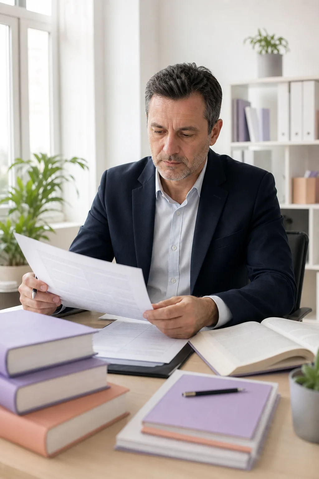 Dirigeant examinant des documents de conformité près de gros livres