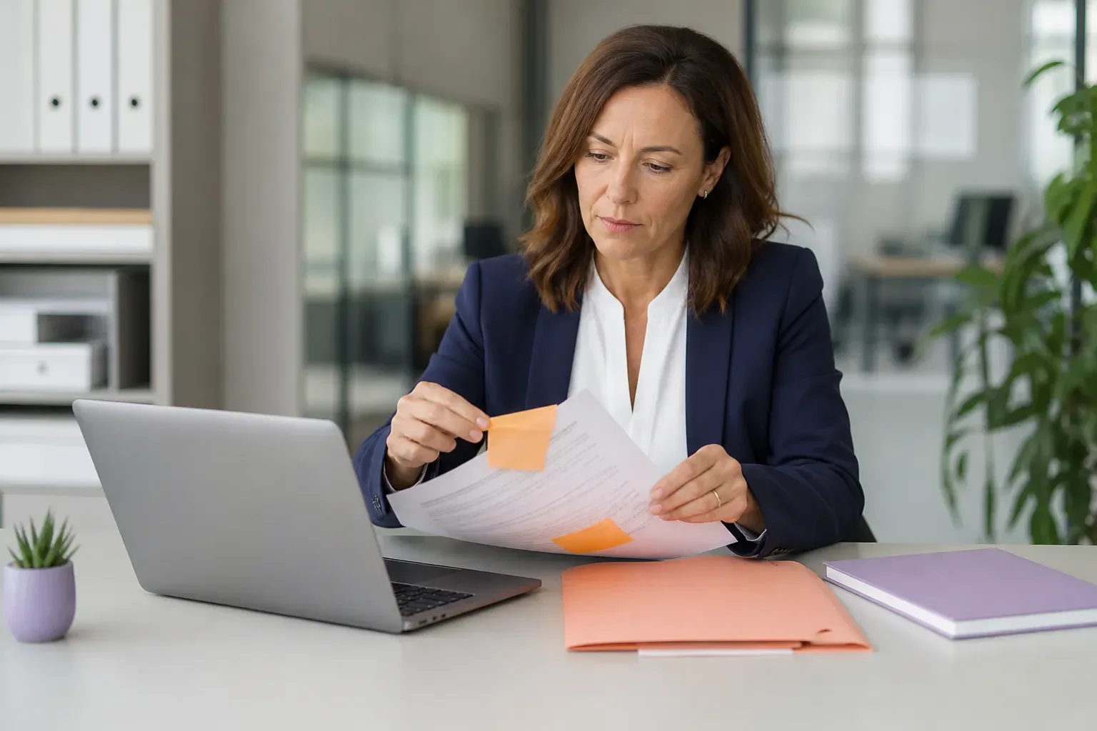 Professionnelle masquant des informations personnelles sur un document