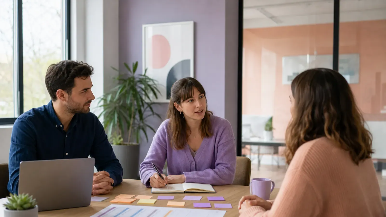 Équipe interviewant un collaborateur pour cartographier les tâches quotidiennes