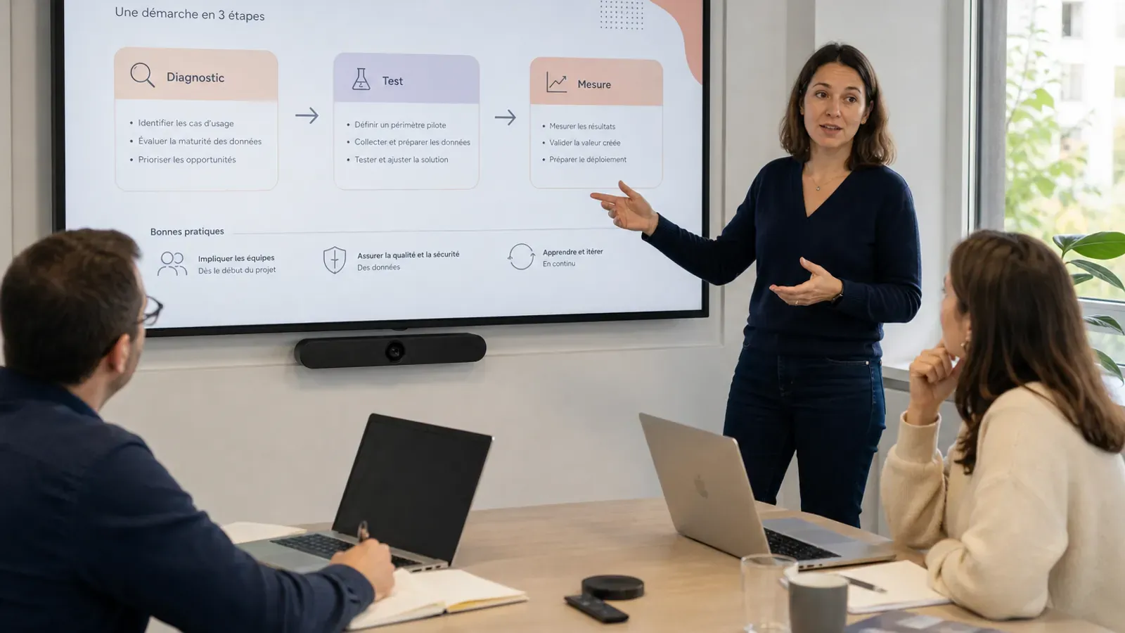 Atelier de formation IA avec une formatrice et des collaborateurs