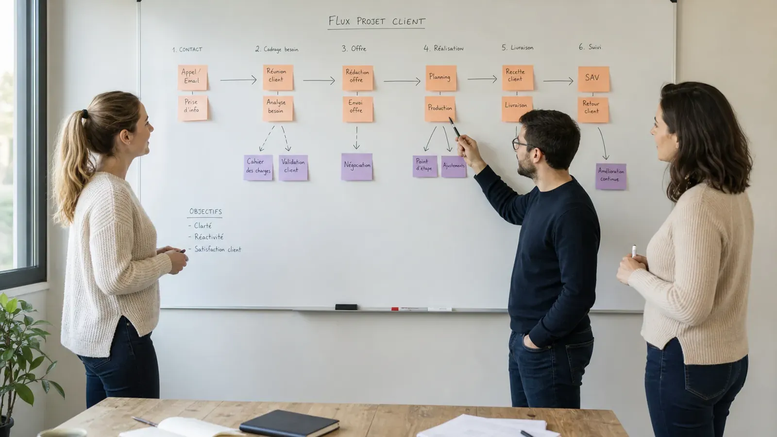 Équipe cartographiant des processus métier sur un tableau blanc
