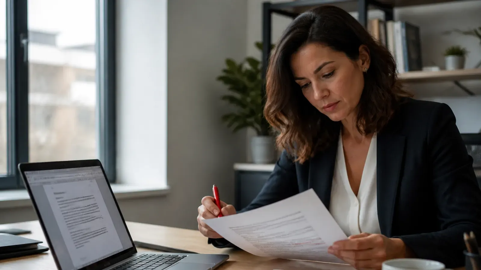 Collaboratrice vérifiant un document produit avec l’aide de l’IA