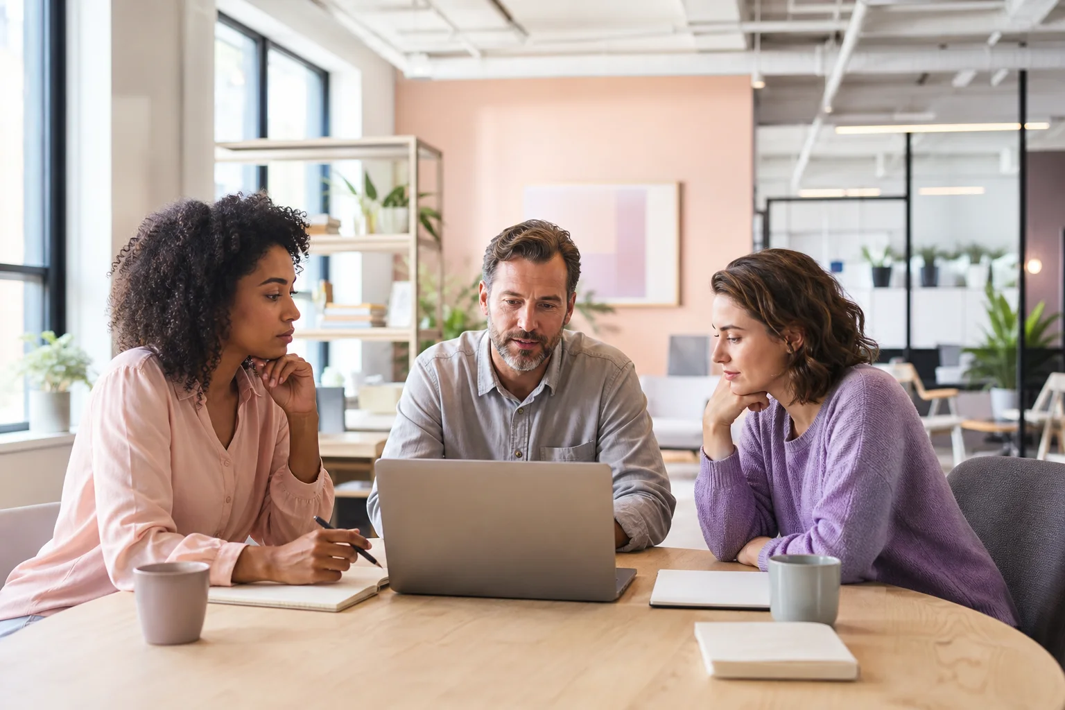 Équipe de collaborateurs comparant des outils d’IA autour d’une table de réunion