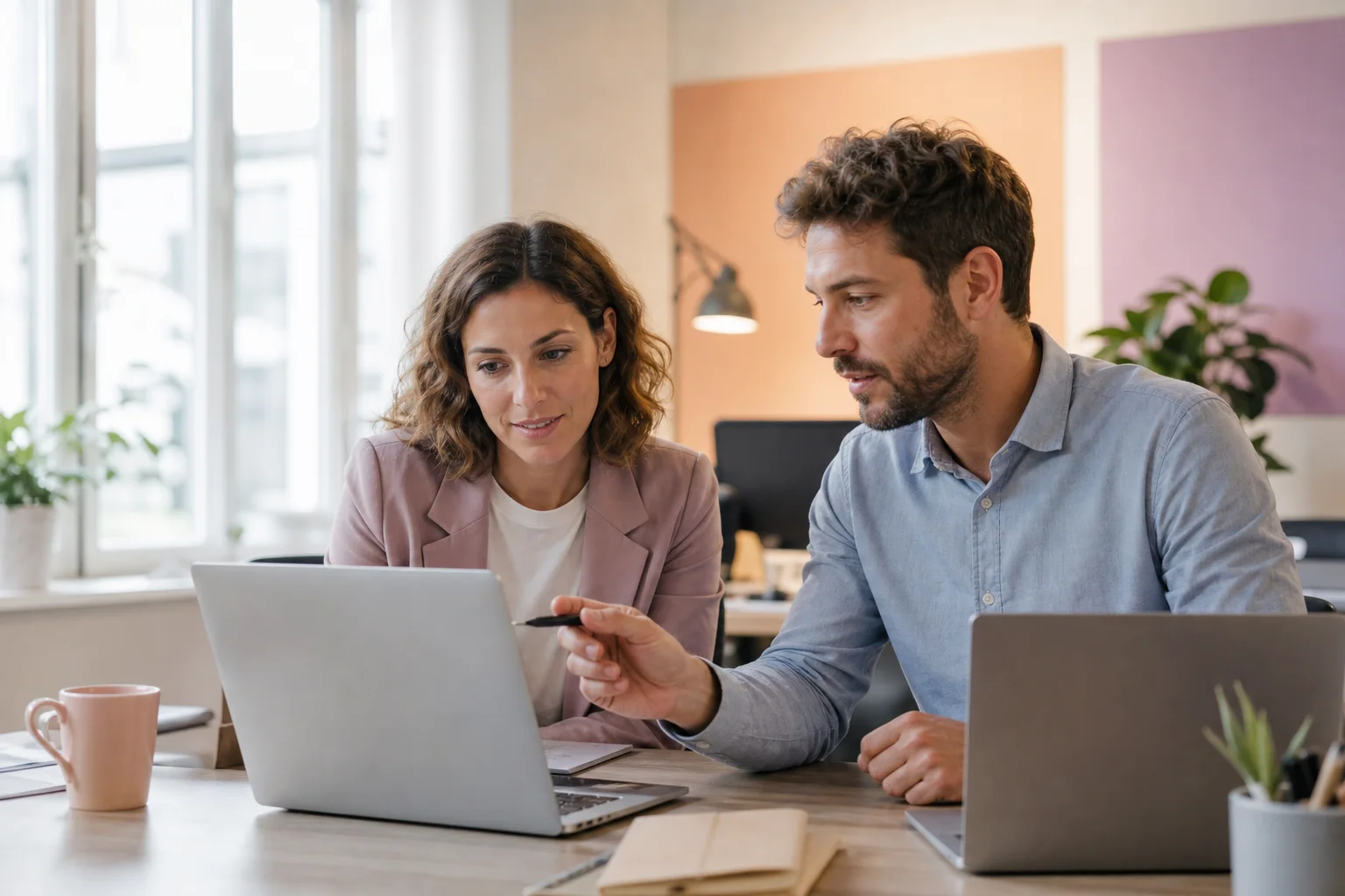 Deux collaborateurs travaillant ensemble sur un ordinateur portable dans un bureau tech moderne