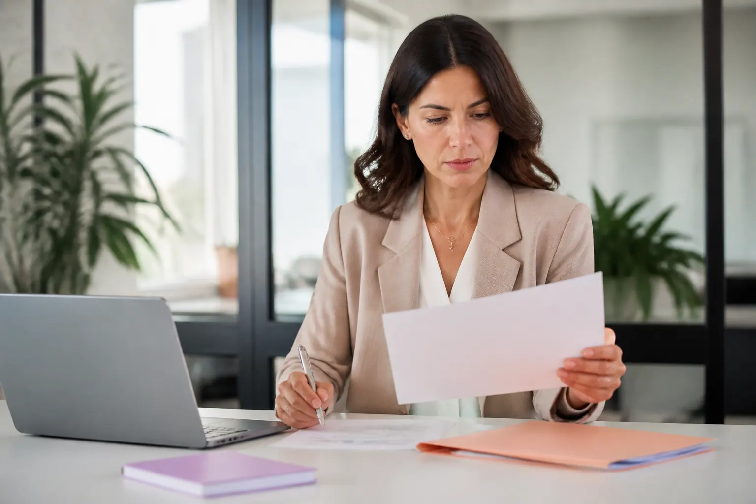 Collaboratrice vérifiant des documents papier à côté de son ordinateur