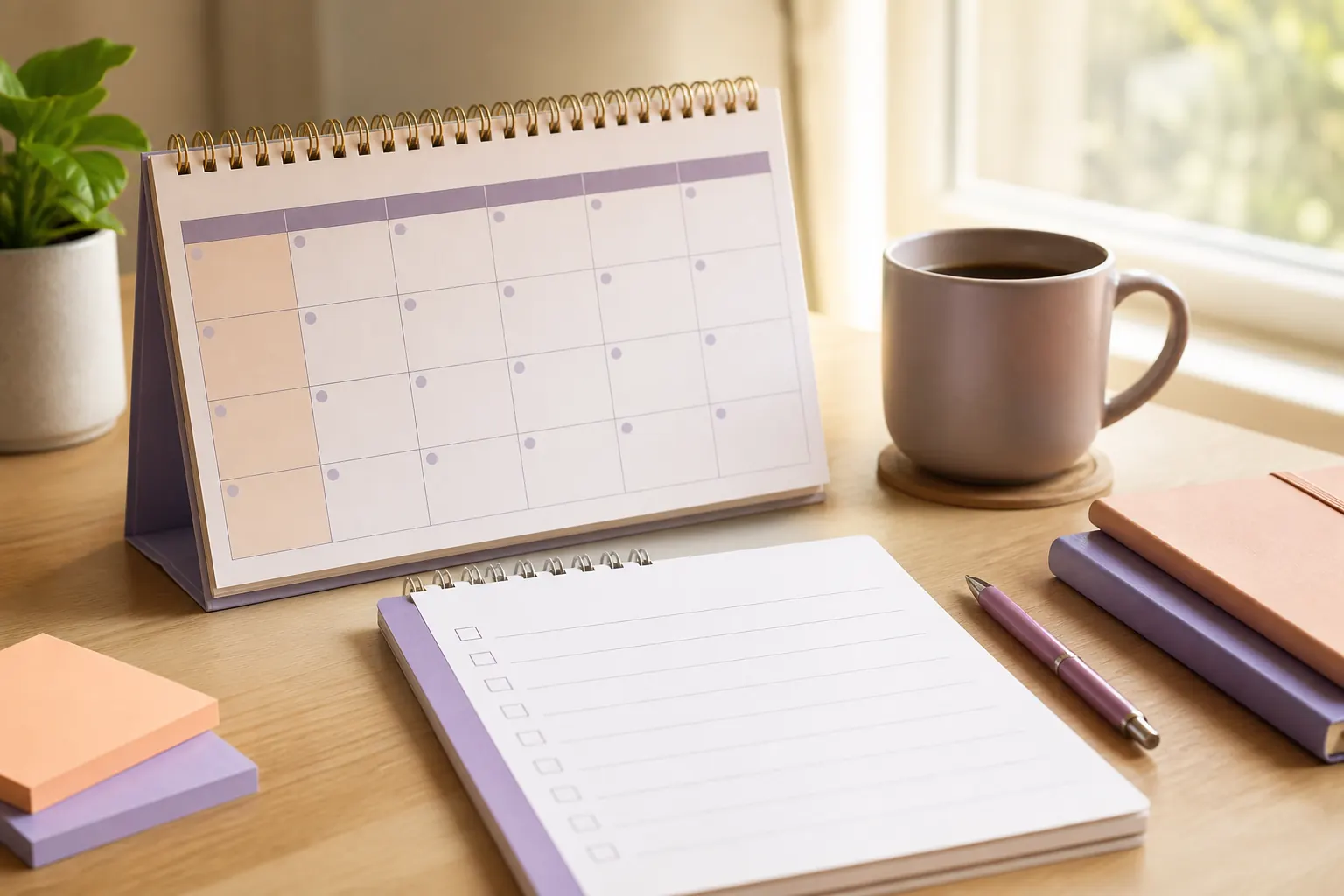 Agenda ouvert avec un stylo et une tasse de café sur un bureau