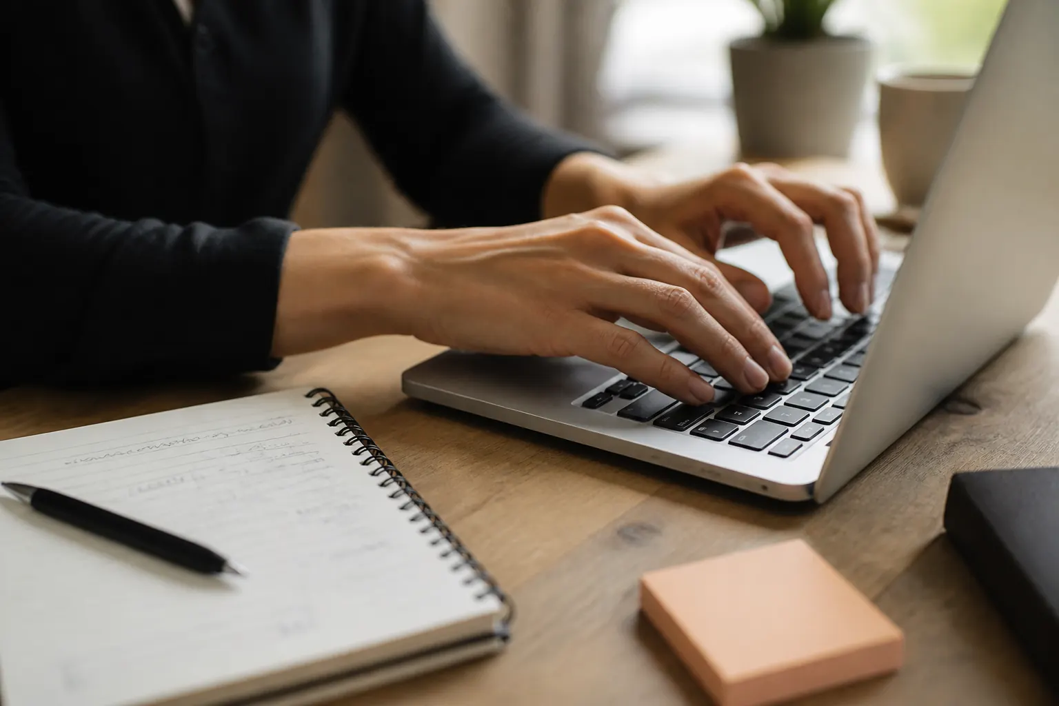 Mains tapant sur un clavier d’ordinateur portable près d’un carnet de notes