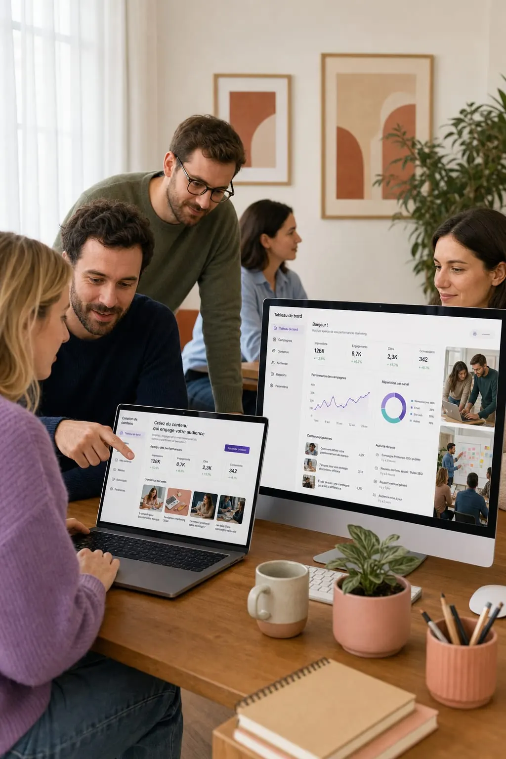 Salariés communication et marketing travaillant ensemble sur des contenus