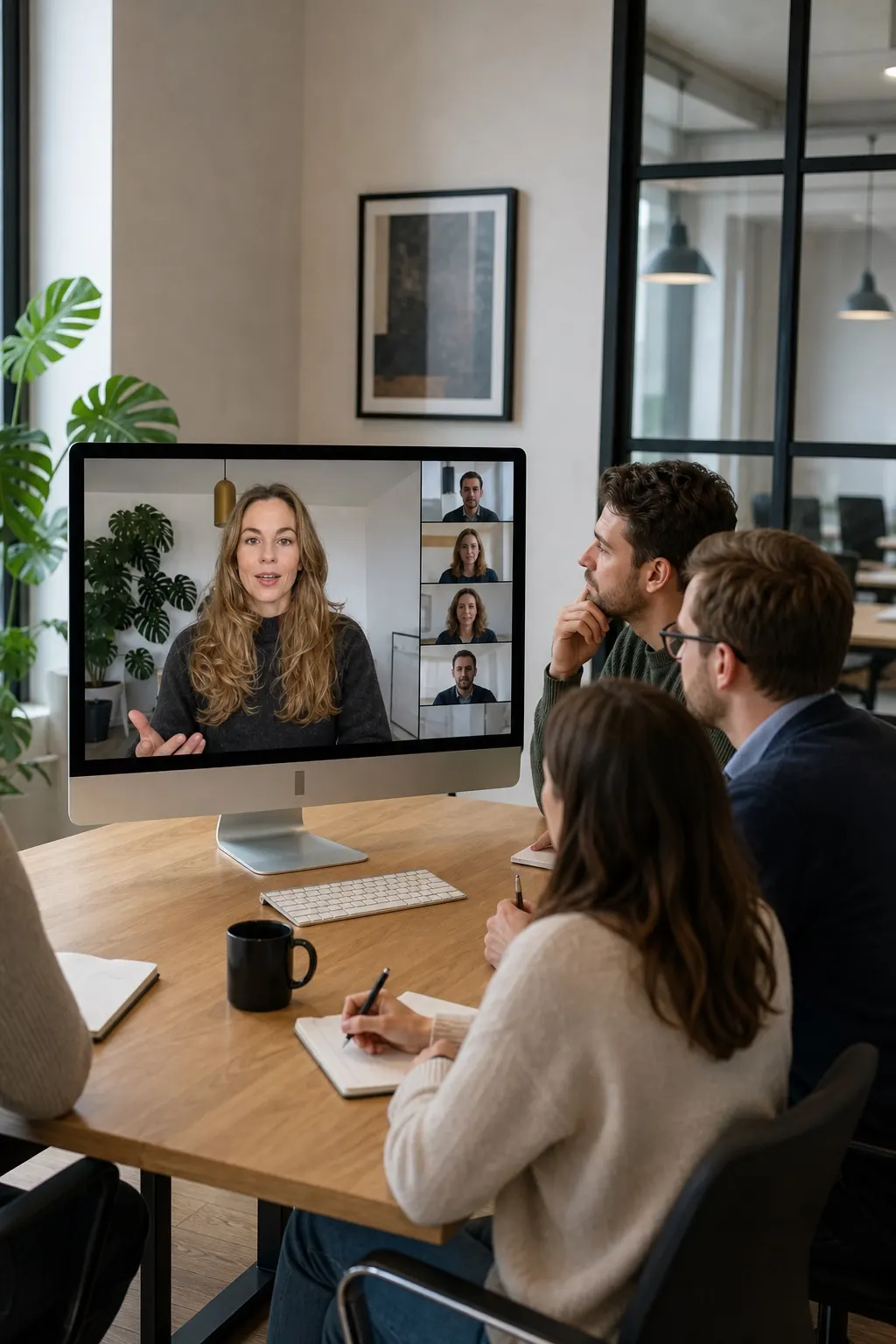 Salariés suivant une formation IA en visioconférence