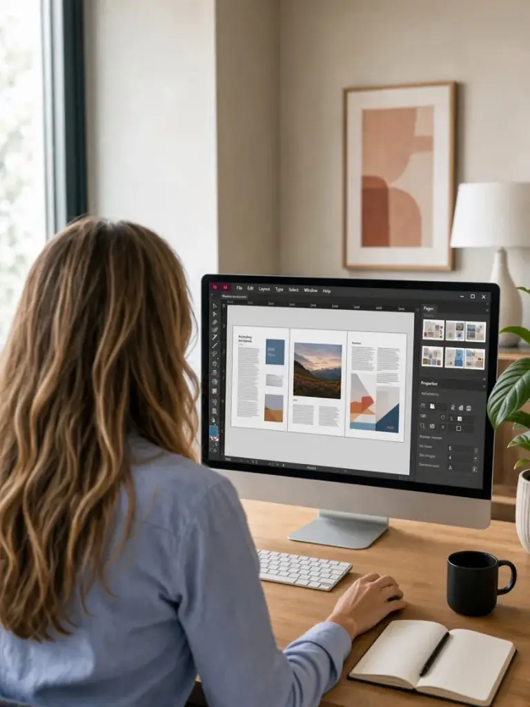 Consultante communication en visioconférence, écran InDesign avec un support print en cours de création