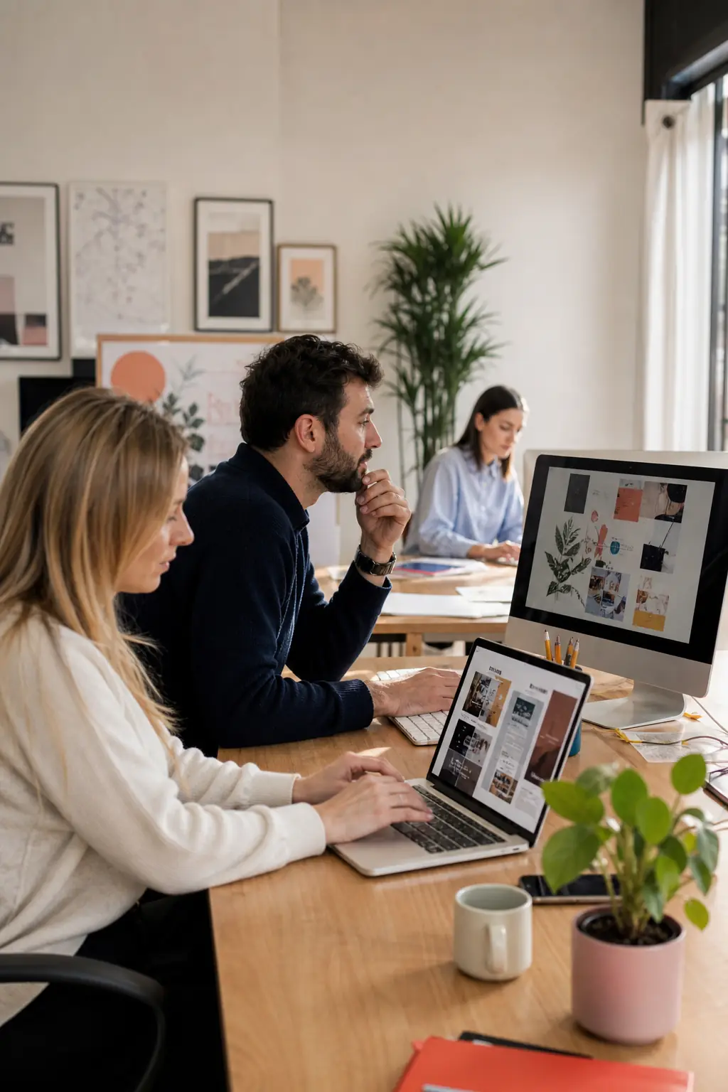 Salariés travaillant sur des contenus communication et marketing sur ordinateur